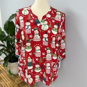 NWT Buttersoft Christmas Scrub Top XL Red Snowmen 3/4 Sleeve Henley Scrubs Nurse